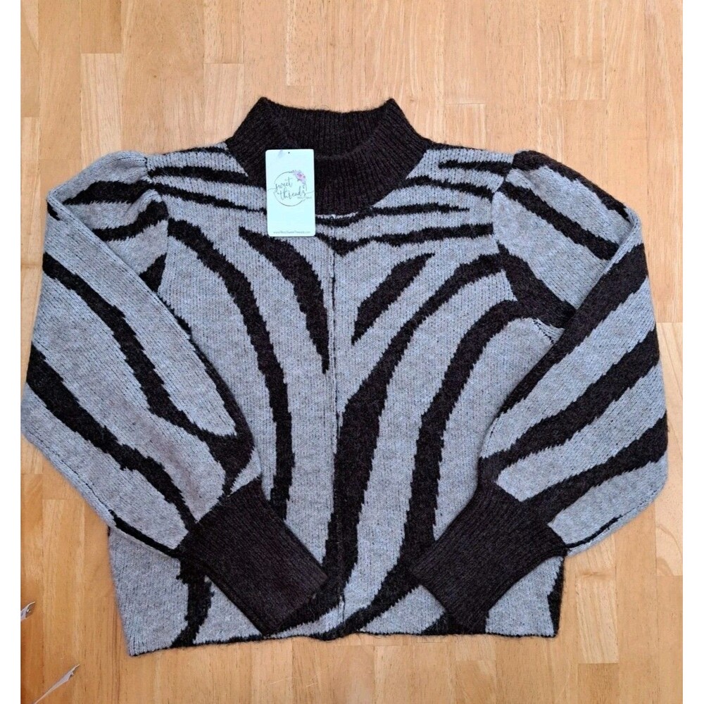 Lush Sweater Womens S Zebra Stripes Brown Mock Neck Long Sleeve Soft NWT